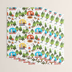 Campsite with caravans, campfire, camping chairs, trees, carpet, birds. Camping in the forest. Campground. RV. Camp night. Big scale. Wrapping Paper Gallery Image 3