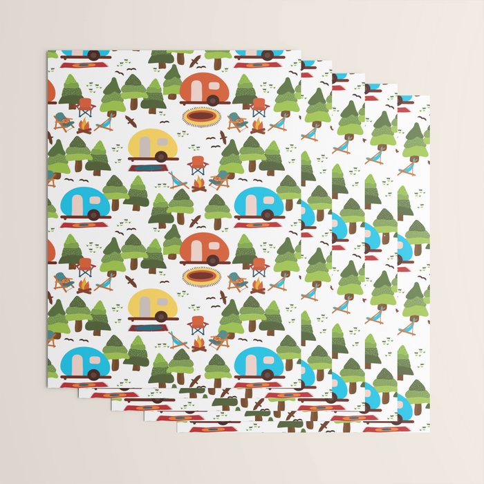 Campsite with caravans, campfire, camping chairs, trees, carpet, birds. Camping in the forest. Campground. RV. Camp night. Big scale. Wrapping Paper Gallery Image 3