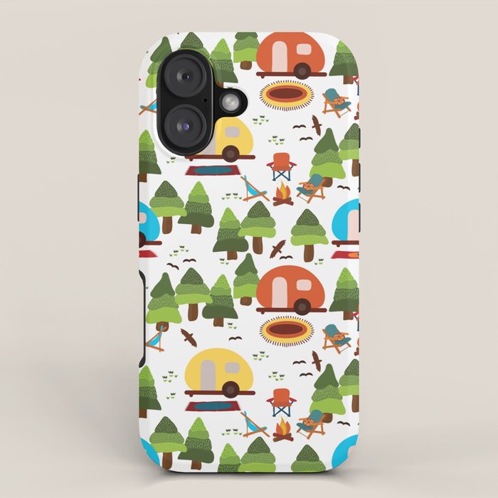 Campsite with caravans, campfire, camping chairs, trees, carpet, birds. Camping in the forest. Campground. RV. Camp night. Big scale. iPhone Case Gallery Image 1