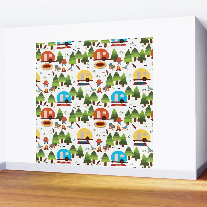 Campsite with caravans, campfire, camping chairs, trees, carpet, birds. Camping in the forest. Campground. RV. Camp night. Big scale. Wall Mural Gallery Image 2