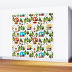 Campsite with caravans, campfire, camping chairs, trees, carpet, birds. Camping in the forest. Campground. RV. Camp night. Big scale. Wall Mural Gallery Image 2