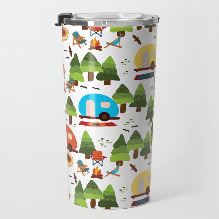 Campsite with caravans, campfire, camping chairs, trees, carpet, birds. Camping in the forest. Campground. RV. Camp night. Big scale. Travel Mug Gallery Image 3