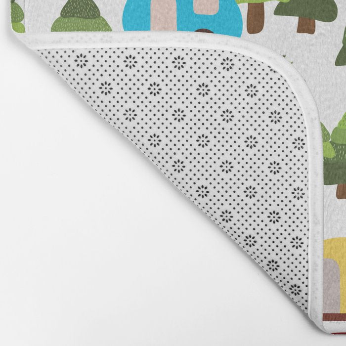 Campsite with caravans, campfire, camping chairs, trees, carpet, birds. Camping in the forest. Campground. RV. Camp night. Big scale. Bath Mat Gallery Image 2