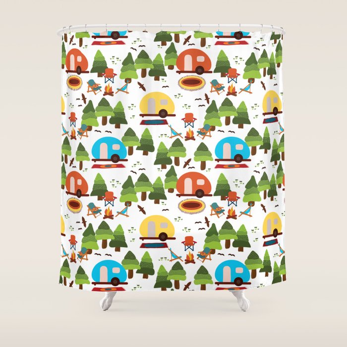 Campsite with caravans, campfire, camping chairs, trees, carpet, birds. Camping in the forest. Campground. RV. Camp night. Big scale. Shower Curtain Gallery Image 1