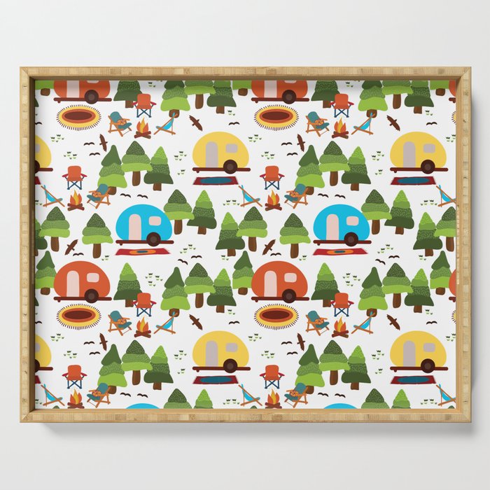 Campsite with caravans, campfire, camping chairs, trees, carpet, birds. Camping in the forest. Campground. RV. Camp night. Big scale. Serving Tray Gallery Image 1