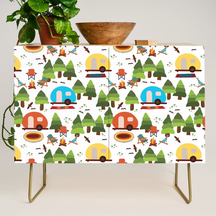 Campsite with caravans, campfire, camping chairs, trees, carpet, birds. Camping in the forest. Campground. RV. Camp night. Big scale. Credenza Gallery Image 1