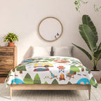 Campsite with caravans, campfire, camping chairs, trees, carpet, birds. Camping in the forest. Campground. RV. Camp night. Big scale. Comforter Gallery Image 3