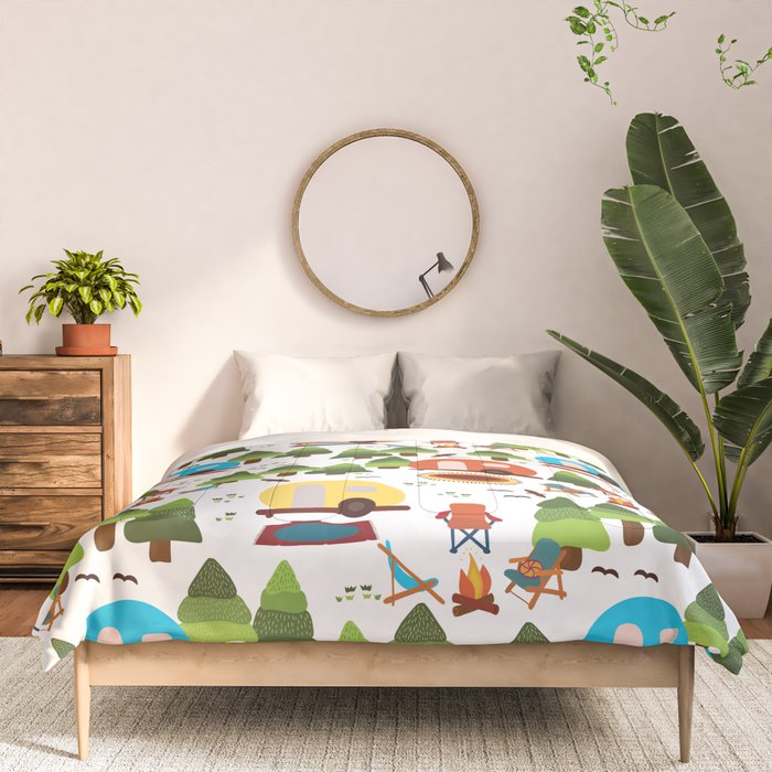 Campsite with caravans, campfire, camping chairs, trees, carpet, birds. Camping in the forest. Campground. RV. Camp night. Big scale. Comforter Gallery Image 3