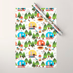 Campsite with caravans, campfire, camping chairs, trees, carpet, birds. Camping in the forest. Campground. RV. Camp night. Big scale. Wrapping Paper Gallery Image 1
