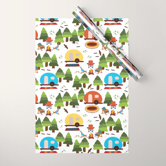 Campsite with caravans, campfire, camping chairs, trees, carpet, birds. Camping in the forest. Campground. RV. Camp night. Big scale. Wrapping Paper Gallery Image 1
