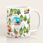 Campsite with caravans, campfire, camping chairs, trees, carpet, birds. Camping in the forest. Campground. RV. Camp night. Big scale. Coffee Mug Gallery Image 1