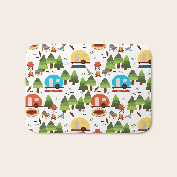 Campsite with caravans, campfire, camping chairs, trees, carpet, birds. Camping in the forest. Campground. RV. Camp night. Big scale. Bath Mat Gallery Image 1