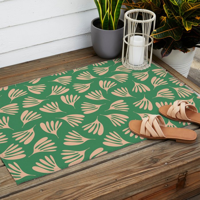 Green and Blush Wispy Leaves Contemporary Modern Pattern Outdoor Rug Gallery Image 2