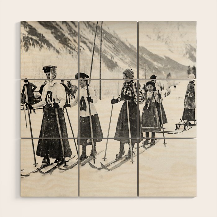 Victorian Ski Ladies, Black and White Vintage Art Wood Wall Art Gallery Image 1
