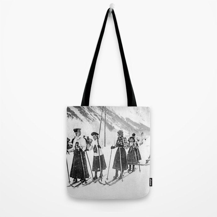 Victorian Ski Ladies, Black and White Vintage Art Tote Bag Gallery Image 2
