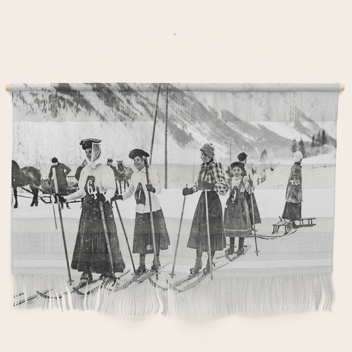 Victorian Ski Ladies, Black and White Vintage Art Wall Hanging Gallery Image 1