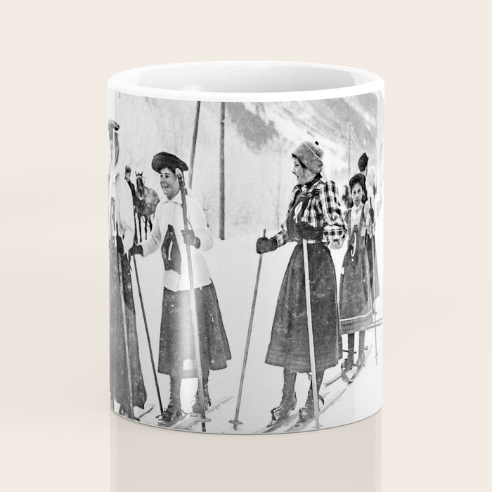 Victorian Ski Ladies, Black and White Vintage Art Coffee Mug Gallery Image 4