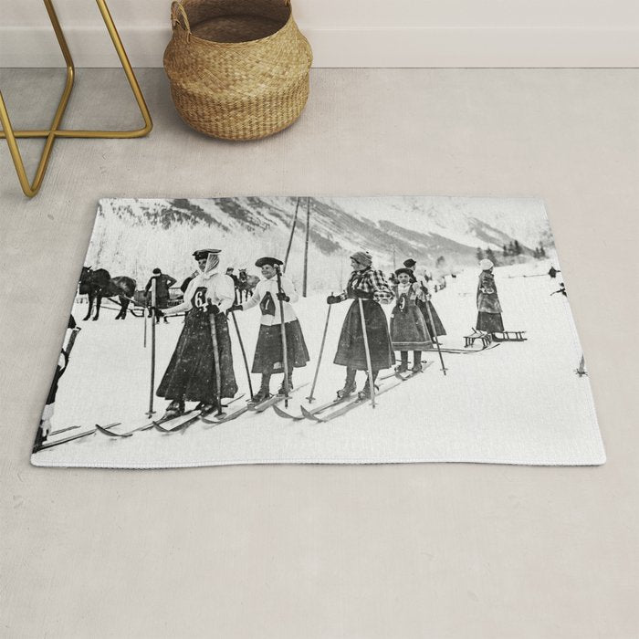 Victorian Ski Ladies, Black and White Vintage Art Rug Gallery Image 1