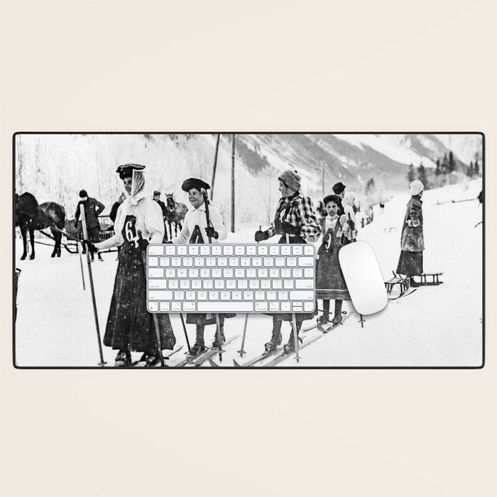 Victorian Ski Ladies, Black and White Vintage Art Desk Mat Gallery Image 1