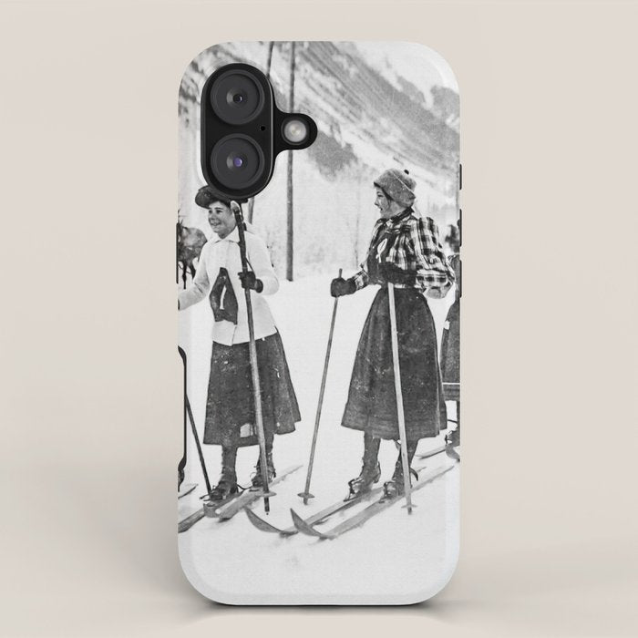 Victorian Ski Ladies, Black and White Vintage Art iPhone Case Gallery Image 1