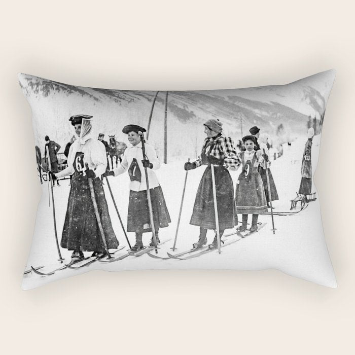 Victorian Ski Ladies, Black and White Vintage Art Rectangular Pillow Gallery Image 1
