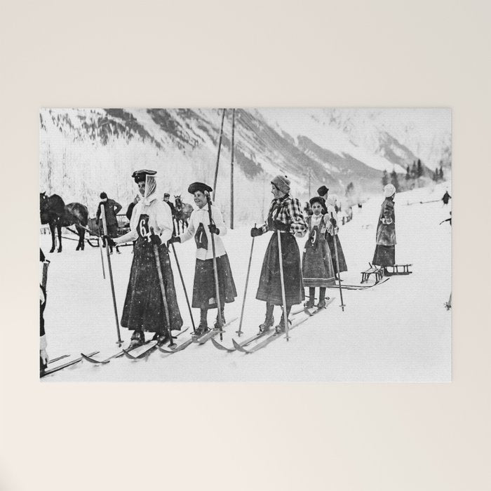 Victorian Ski Ladies, Black and White Vintage Art Welcome Mat Gallery Image 1