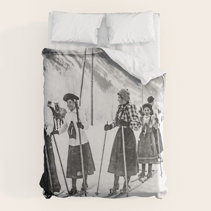 Victorian Ski Ladies, Black and White Vintage Art Duvet Cover Gallery Image 1