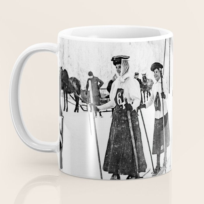 Victorian Ski Ladies, Black and White Vintage Art Coffee Mug Gallery Image 3