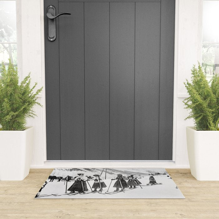 Victorian Ski Ladies, Black and White Vintage Art Welcome Mat Gallery Image 3