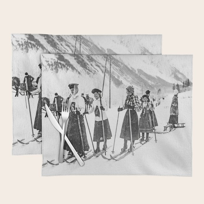 Victorian Ski Ladies, Black and White Vintage Art Placemat Gallery Image 1