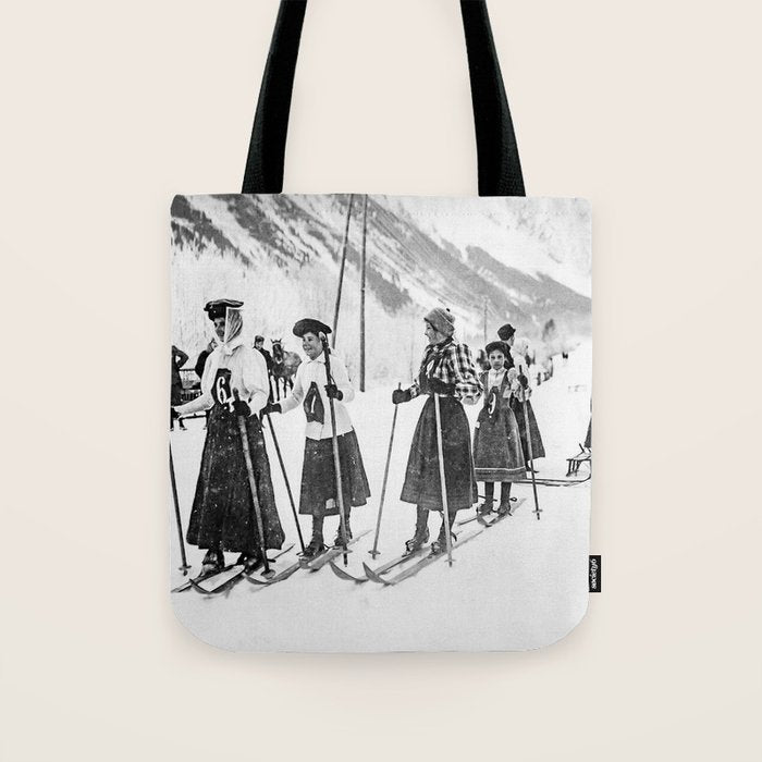 Victorian Ski Ladies, Black and White Vintage Art Tote Bag Gallery Image 1