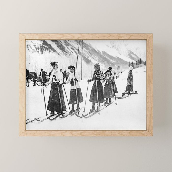 Victorian Ski Ladies, Black and White Vintage Art Mini Art Print Gallery Image 1