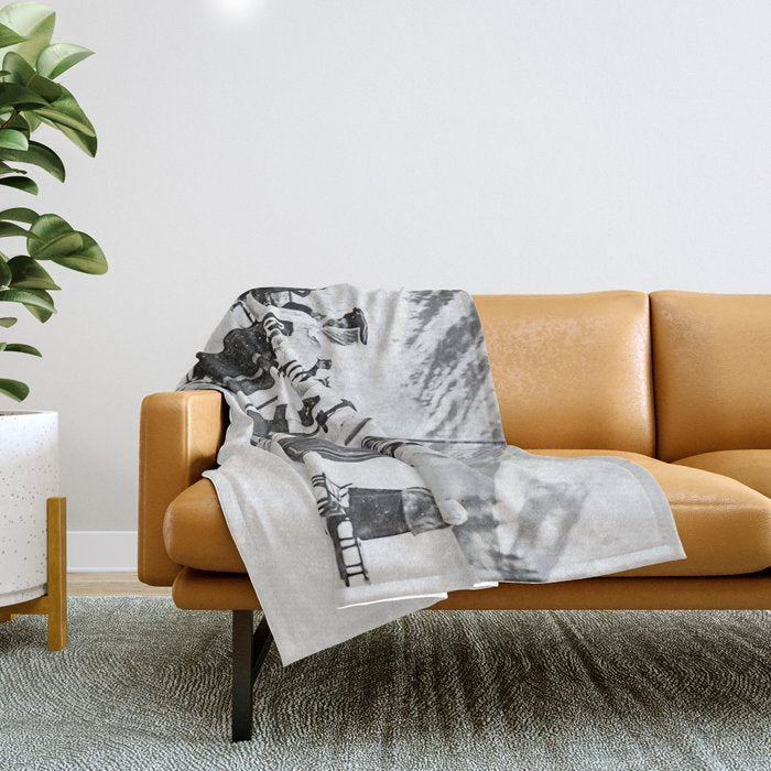 Victorian Ski Ladies, Black and White Vintage Art Throw Blanket Gallery Image 1