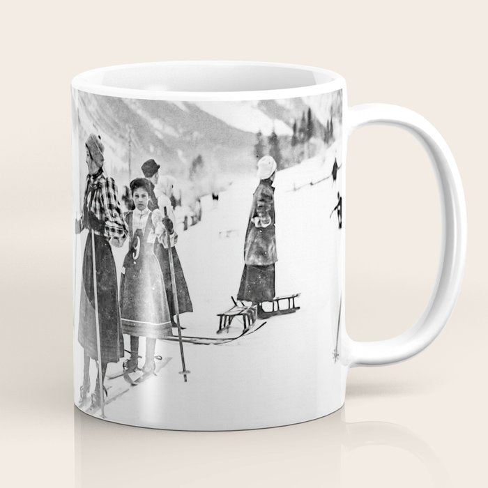 Victorian Ski Ladies, Black and White Vintage Art Coffee Mug Gallery Image 1