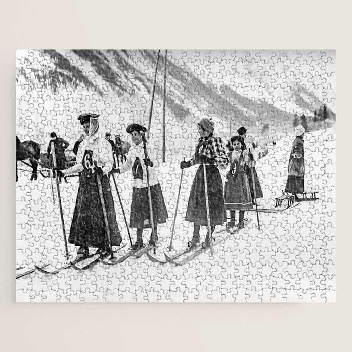 Victorian Ski Ladies, Black and White Vintage Art Jigsaw Puzzle Gallery Image 1