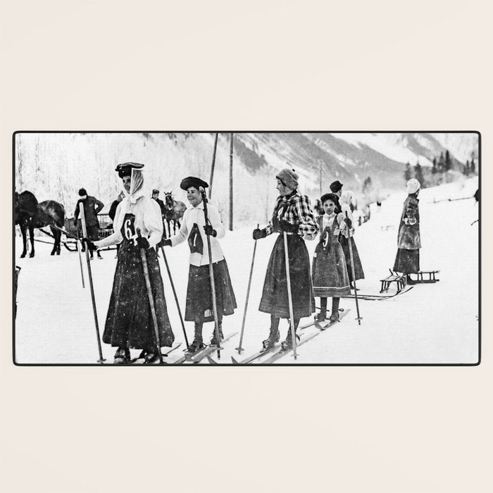 Victorian Ski Ladies, Black and White Vintage Art Desk Mat Gallery Image 3