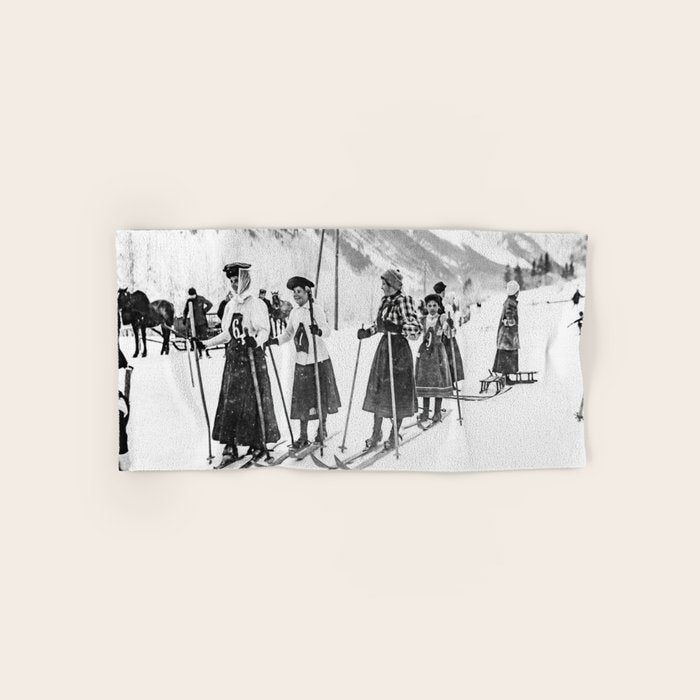 Victorian Ski Ladies, Black and White Vintage Art Bath Towel Gallery Image 1