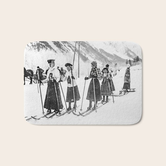 Victorian Ski Ladies, Black and White Vintage Art Bath Mat Gallery Image 1