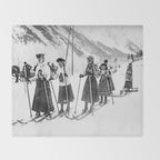 Victorian Ski Ladies, Black and White Vintage Art Throw Blanket Gallery Image 2