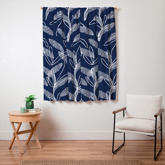 Etched Leaves Botanical Pattern in White and Nautical Navy Blue Window Curtain Gallery Image 3