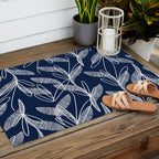 Etched Leaves Botanical Pattern in White and Nautical Navy Blue Outdoor Rug Gallery Image 2
