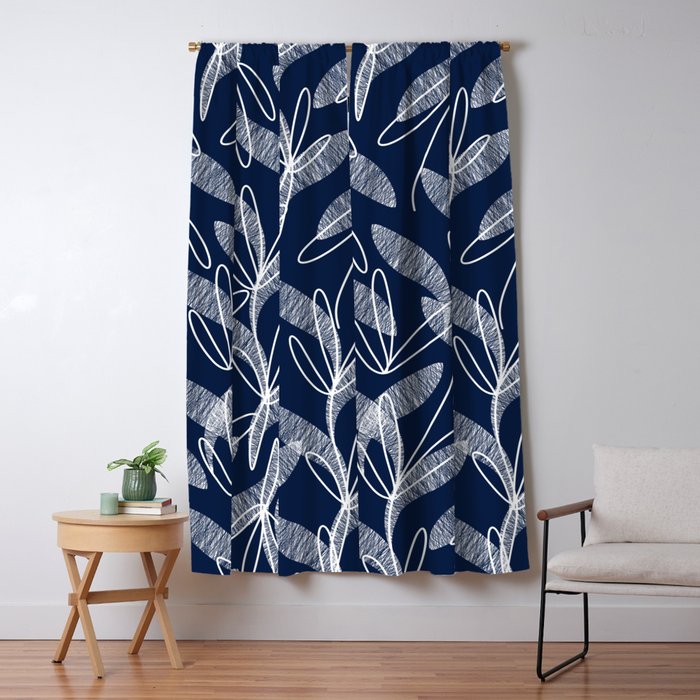 Etched Leaves Botanical Pattern in White and Nautical Navy Blue Window Curtain Gallery Image 1