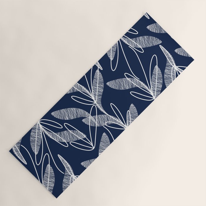 Etched Leaves Botanical Pattern in White and Nautical Navy Blue Yoga Mat Gallery Image 1