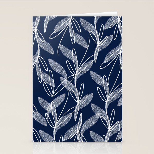 Etched Leaves Botanical Pattern in White and Nautical Navy Blue Stationery Card Gallery Image 1