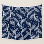 Etched Leaves Botanical Pattern in White and Nautical Navy Blue Wall Tapestry Gallery Image 4