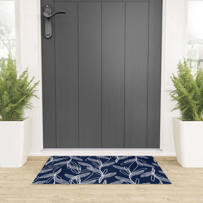 Etched Leaves Botanical Pattern in White and Nautical Navy Blue Welcome Mat Gallery Image 3