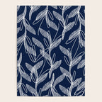 Etched Leaves Botanical Pattern in White and Nautical Navy Blue Poster Gallery Image 4