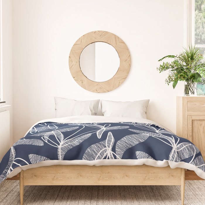 Etched Leaves Botanical Pattern in White and Nautical Navy Blue Duvet Cover Gallery Image 3