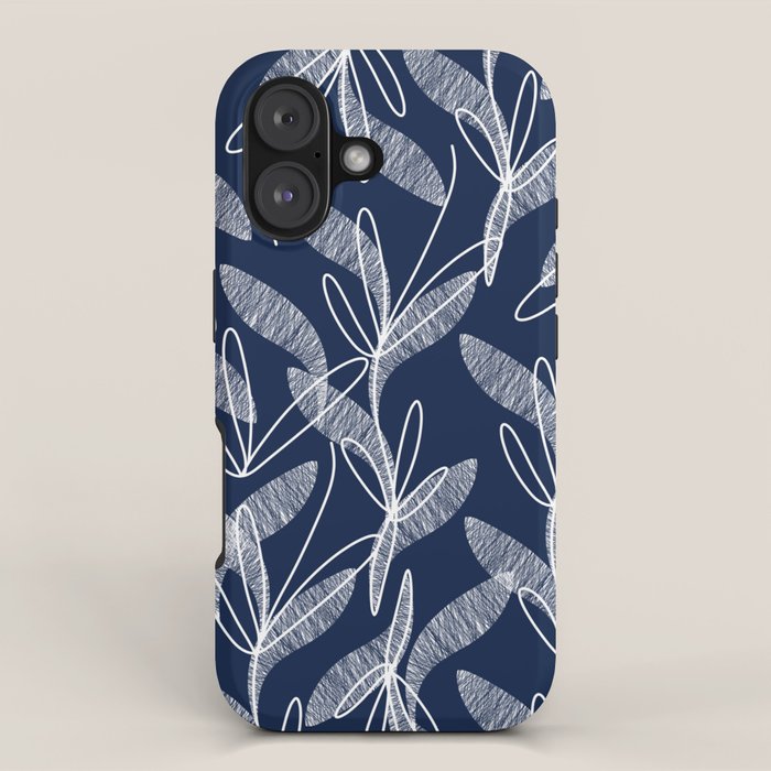 Etched Leaves Botanical Pattern in White and Nautical Navy Blue iPhone Case Gallery Image 1