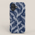 Etched Leaves Botanical Pattern in White and Nautical Navy Blue iPhone Case Gallery Image 1